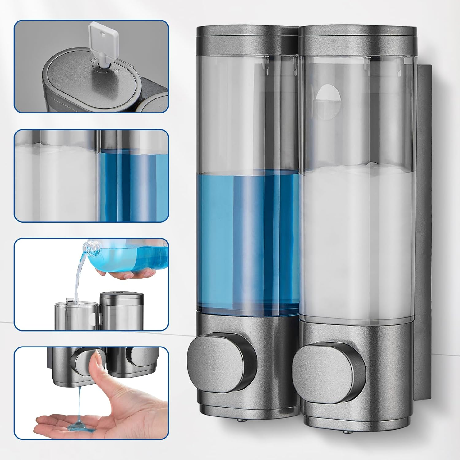 Shampoo and Conditioner Dispenser 2 Chamber No Drill, Shower Soap Pump Dispenser Wall Mounted, Body Wash Dispenser for Shower, Shower Gel Dispenser Shampoo Holder for Bathroom Accessories, Gungrey - Gungrey 2 Chamber image number 3