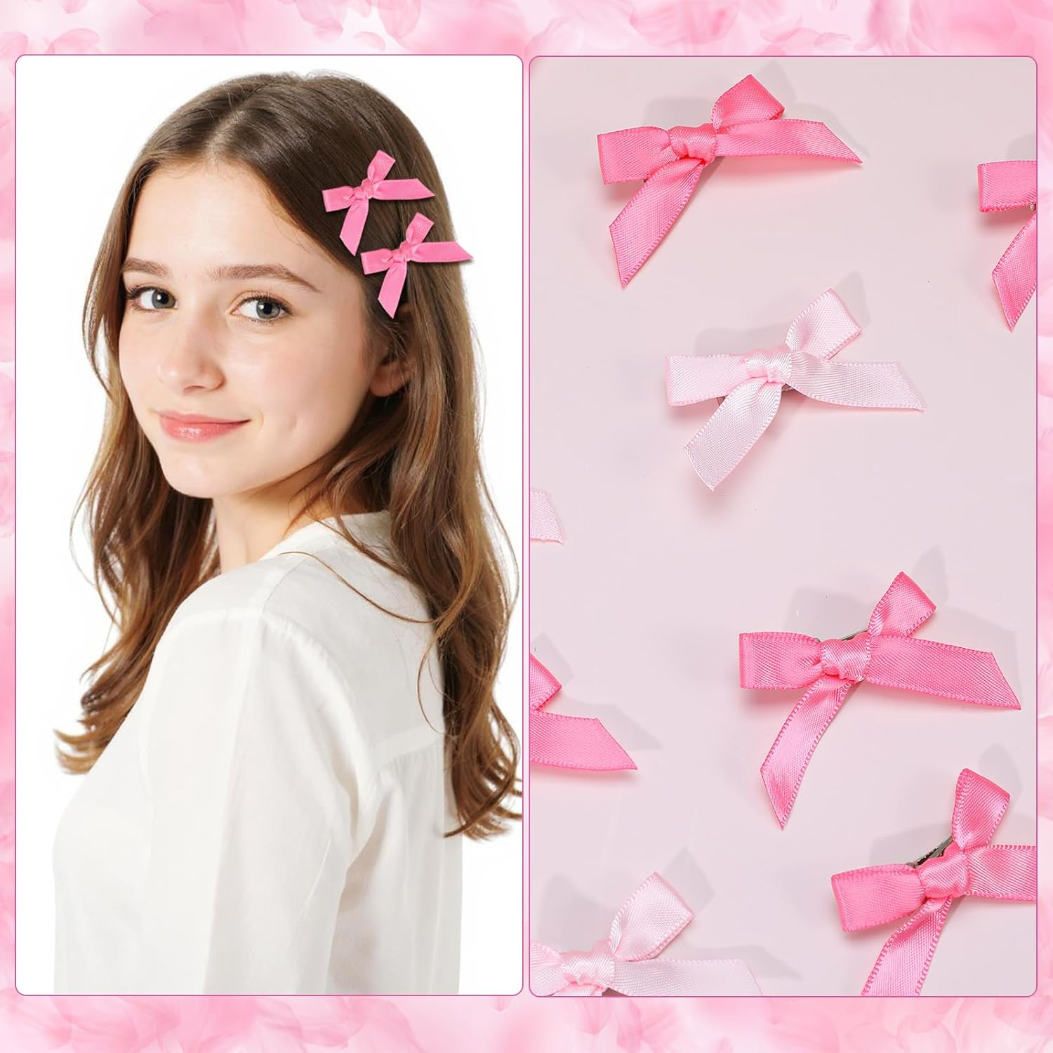 Classicseali Pack of 60 Mini Bows Hair Clips, Pink Ribbon with Clip, Pink Mini Bow Hairpin, Cute Bow Clips Accessories for DIY Styling Hair, Gifts, Bakery, Candy Bags