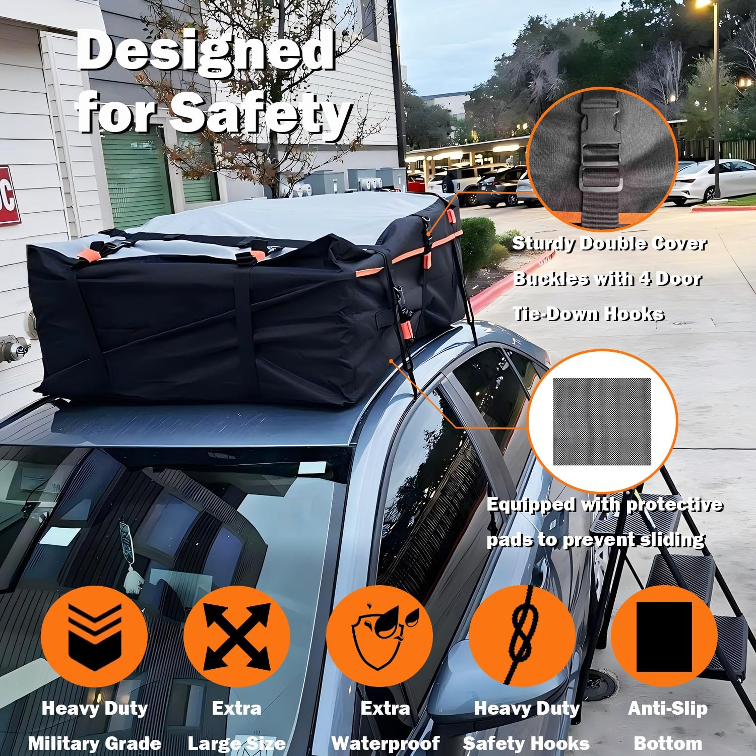 XXL 28 Cuft Car Rooftop Cargo Carrier Bag Extra Waterproof Car Roof Storage with 10 Heavy Duty Tie down Straps and 6 Hooks Roof Bag Cargo Carrier for Top of Vehicle With/Without Rack image number 3