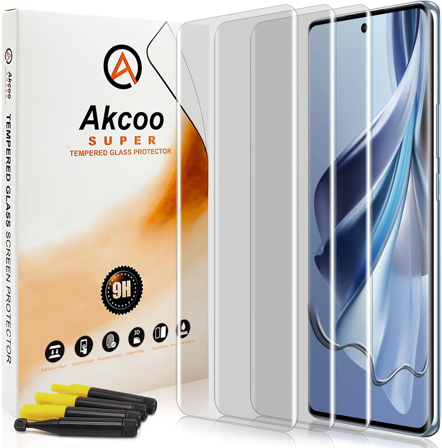 Akcoo Screen Protector for OPPO Reno10 5G,UV Tempered Glass - 3 Pack, Liquid Despersion Tech,Edge to Edge Coverage,Sensitive Touch image number 2