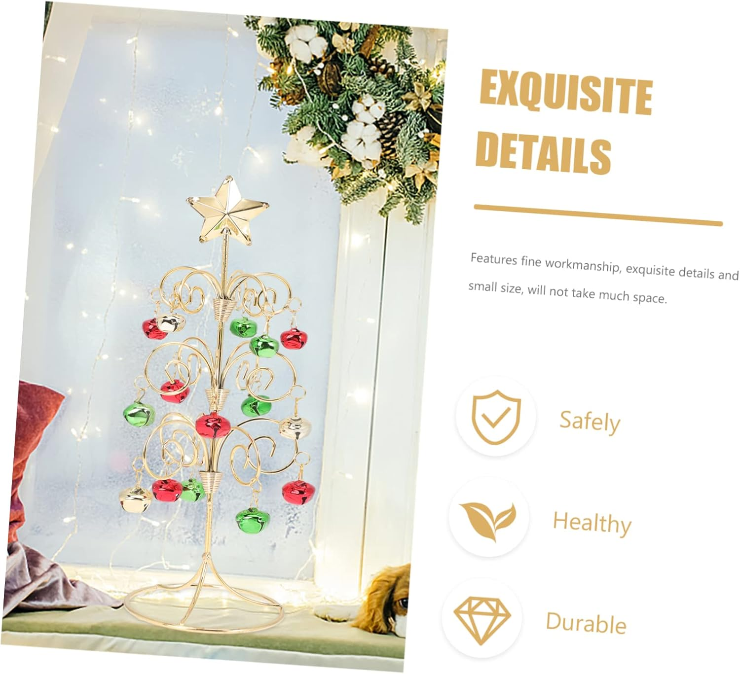 Iron Christmas Tree Decor Mini Xmas Tree Ornament Tabletop Decoration with Bell Festive Party Adornment for Home and Office Seasonal Holiday Display