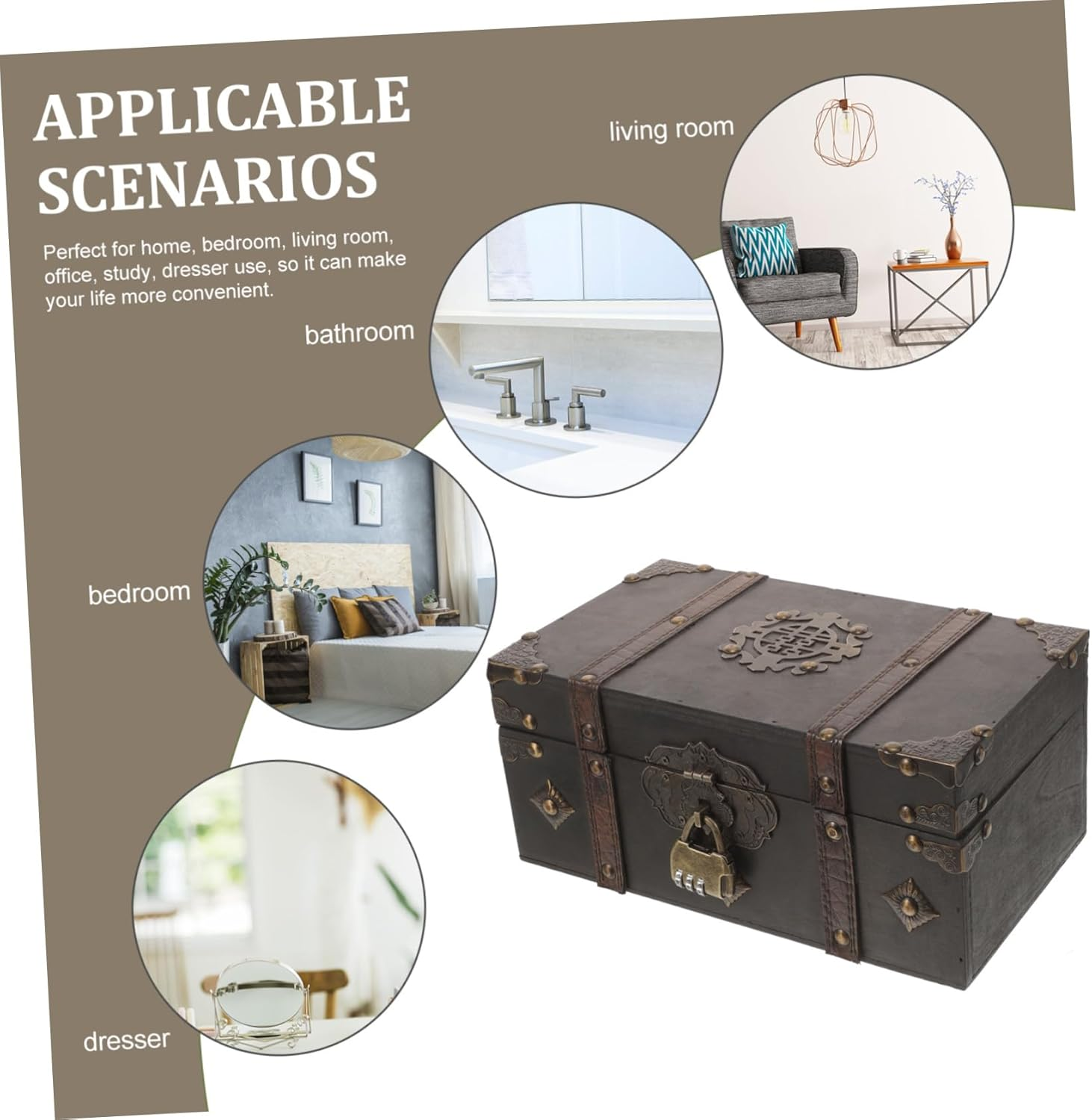 Vintage Wooden Keepsake Box Lid Small Treasure Chest for Jewelry Storage Retro Grey Wood Box 3-Digit Lock for Home D&eacute;cor and Gift Giving image number 2