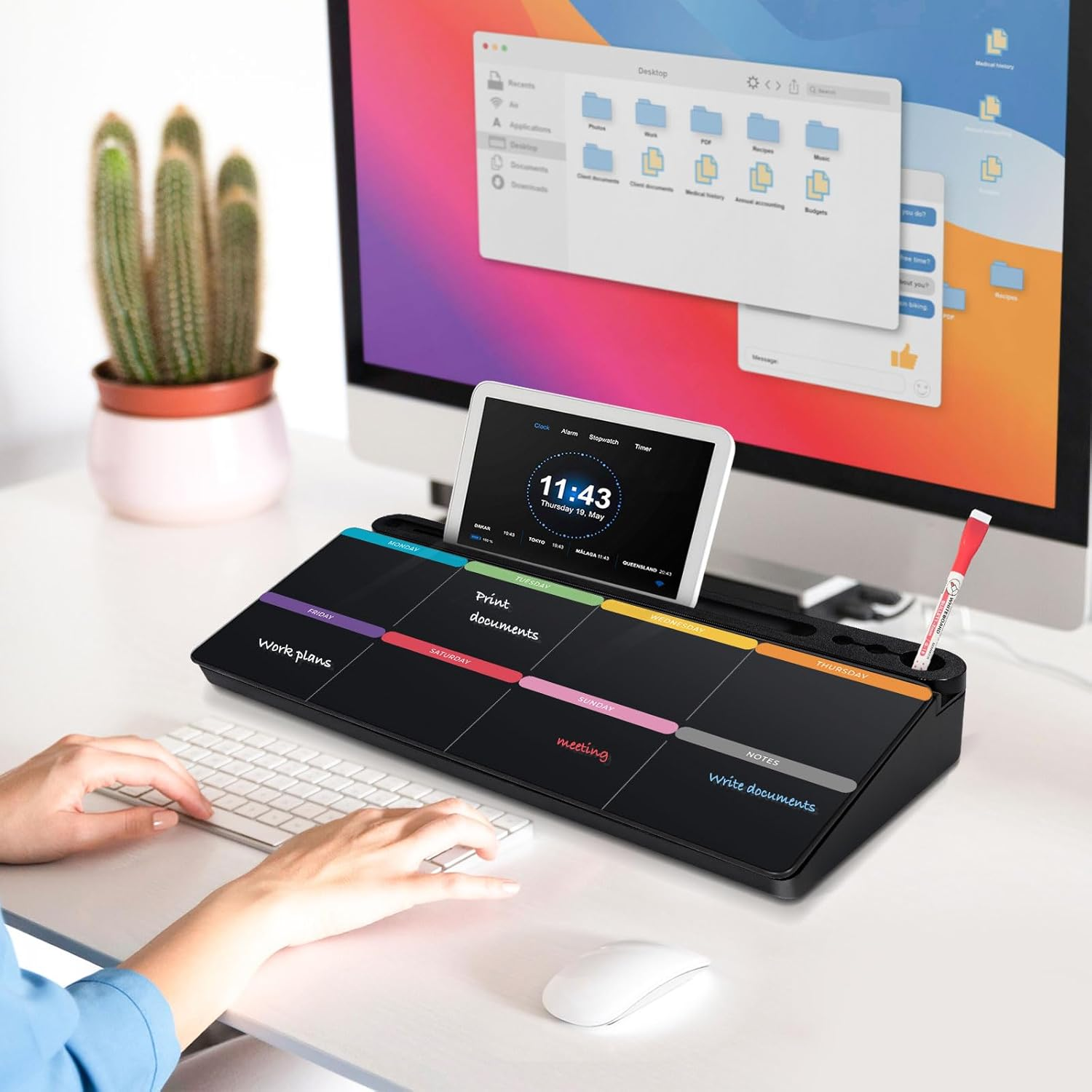 DOLLAR BOSS Glass Desk Whiteboard Calendar Small Dry Erase Board Desktop White Board with Storage Drawer Computer Keyboard Stand Desk Organizer, Colourful Print, Black image number 2