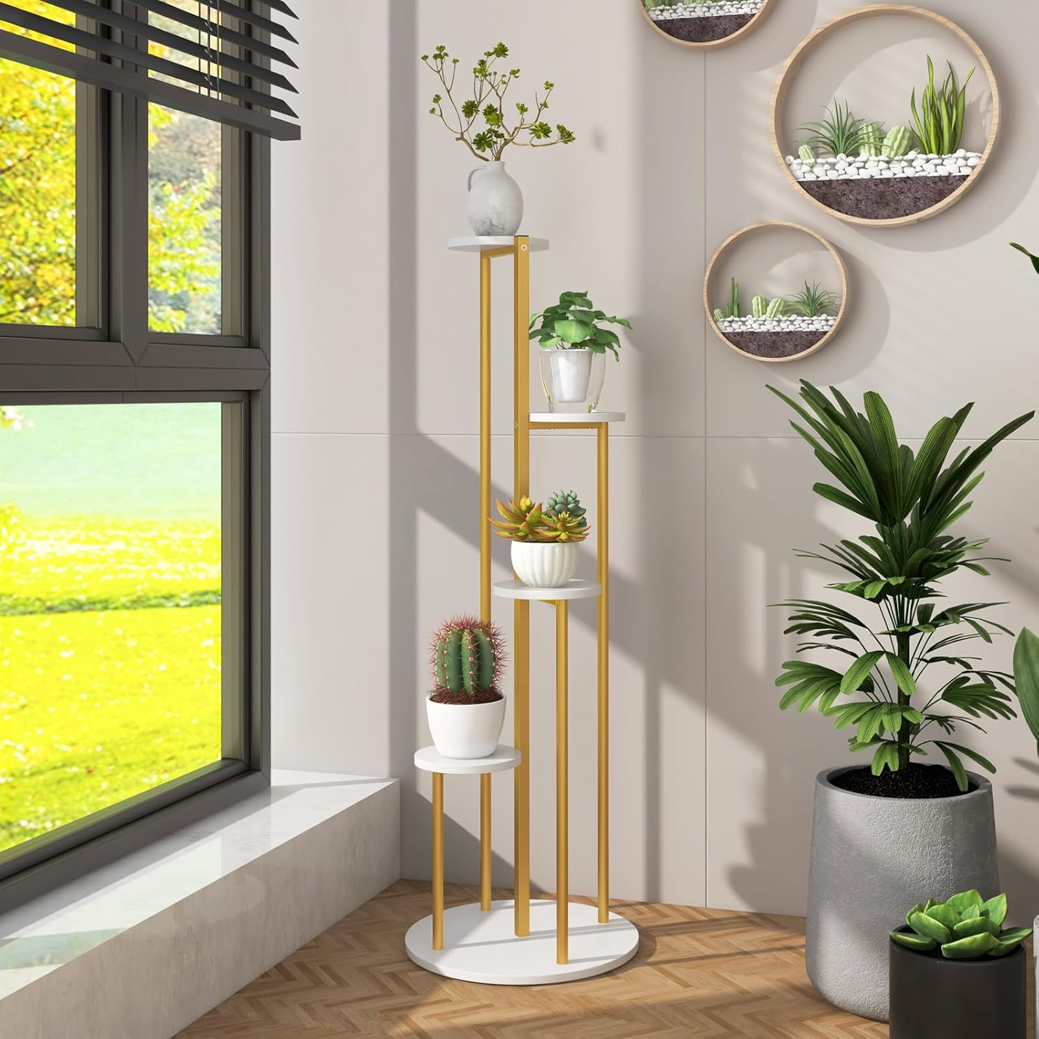Costway Indoor Metal Plant Stand, 125 CM Tall Corner Plant Shelf for Potted Plant, Heavy-Duty Tiered Plant Holder W/ Golden Metal Frame, Decorative Display Shelf for Home Office Balcony Living Room