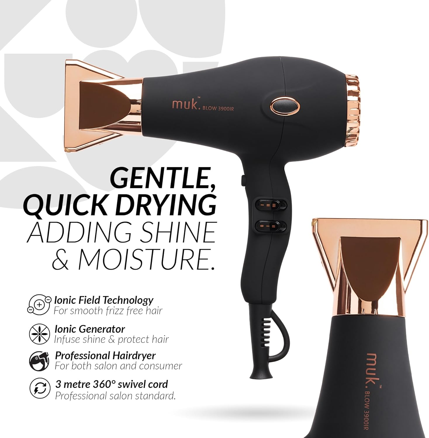 MUK. Professional Blow Dryer 3900 IR 2300 Watt - Lightweight Travel Hair Dryer for Gentle, Quick Styling. Hair Dryer with Ionic Generator for Shine & Protection. 3M Swivel Cord, Rose Gold