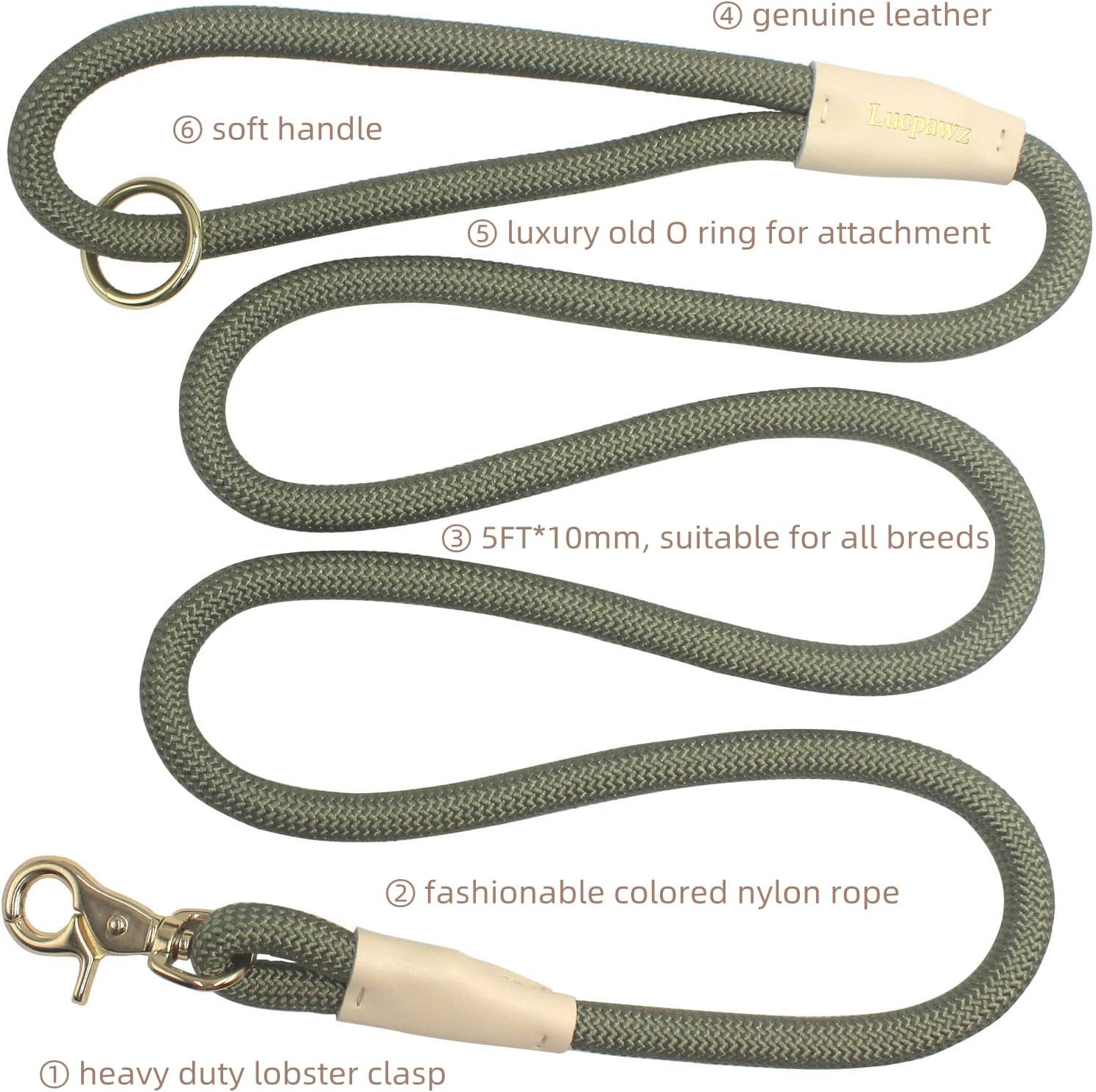 Lobster Snap Pet Leash 5FT, Special Strong Nylon Rope Dog Leash, Solid Color Rope Dog Lead for All Breeds (Army Green,5Ft*10Mm) image number 6