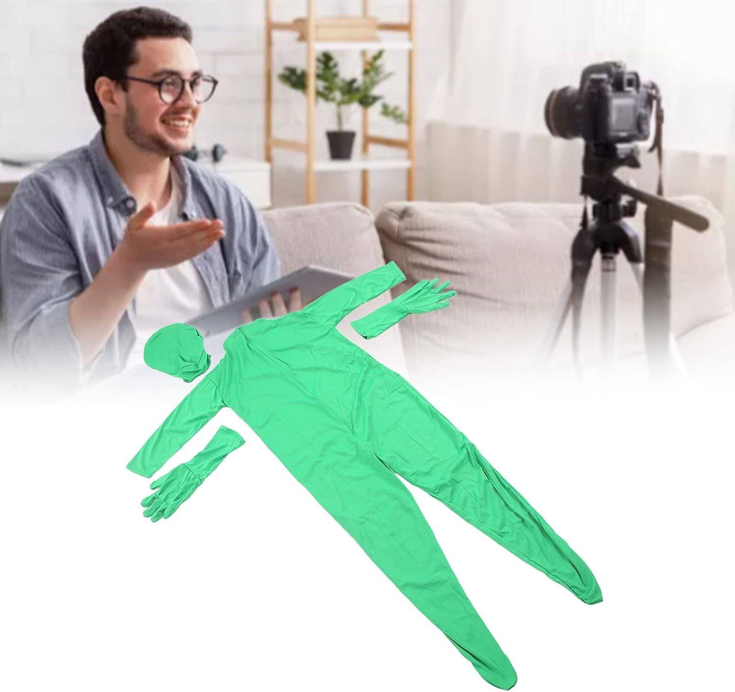 Green Full Bodysuit Men Spandex Stretch Adult Costume Chromakey Disappearing Zentai Unisex Greenman Body Suit for Photo Video Photography Effect, Spandex Stretch (160Cm) - 180Cm Full Bodysuit image number 2