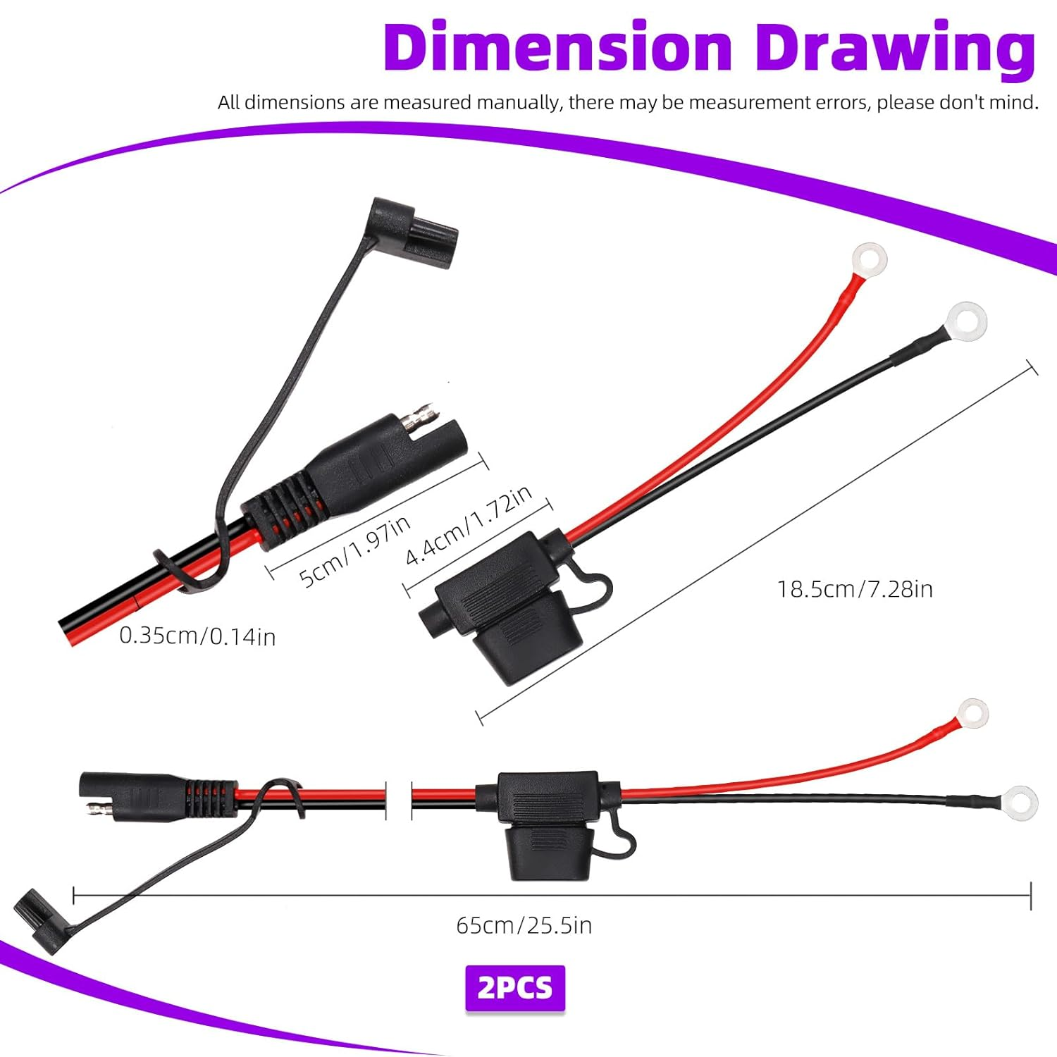 Swpeet 2Pcs 25.5 Inch SAE Battery Connector Ring Terminal Harness Accessory Cable, Smart Battery Chargers Cord Adapter with SAE Quick Disconnect image number 3
