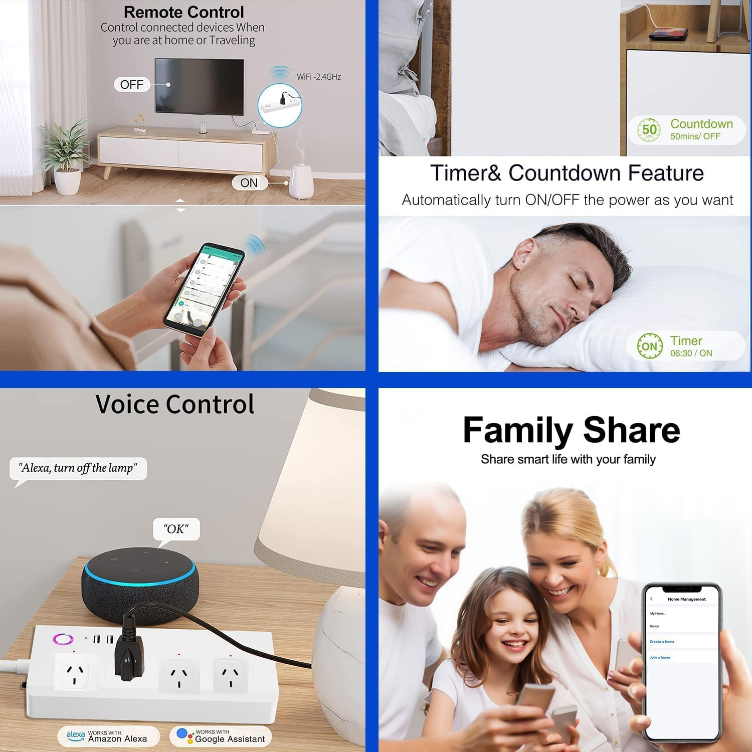 Xenon Smart Power Board, Wifi Power Strip with 4 AC Outlets and 4 USB, Compatible with Alexa and Google Home 1.5M Extension Lead for Desk Travel School Home Office (Wifi Version - White) image number 2