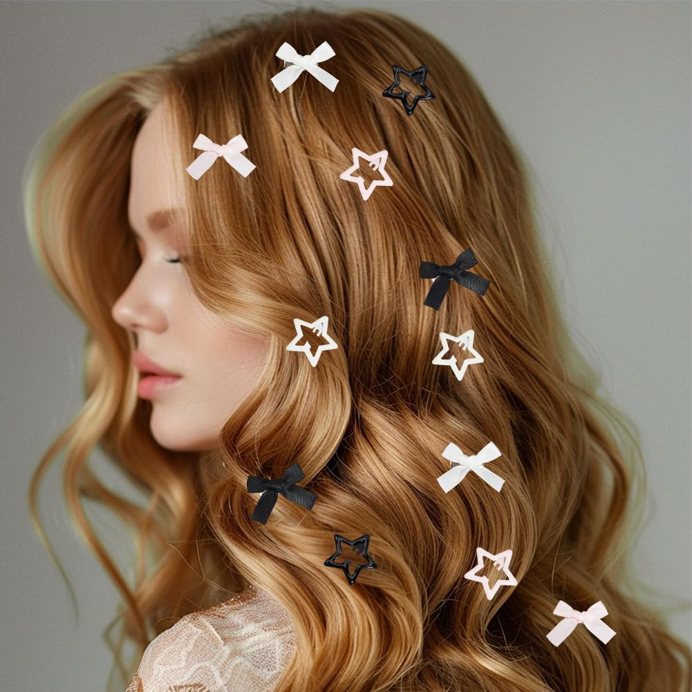 SOFPLATE Pack of 60 3 Colours Colourful Hair Clips with Bow Mini Hair Clips Small Polyester Bow Iron Enamel Stars Coquette Black White Alligator Accessories for Short and Long Hairstyle image number 2