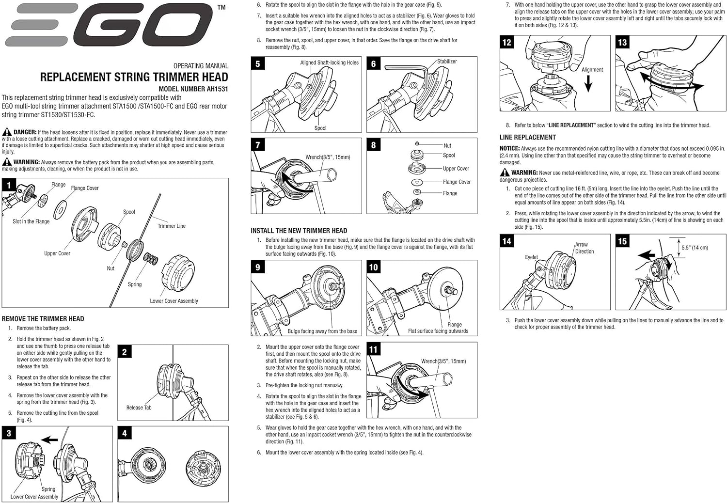 EGO Power+ AH1531 Replacement Rapid Reload plus Trimmer Head (Anti-Clockwise) for EGO 15-Inch String Trimmer Models ST1534/ST1530/STA1500/MST1501/MHC1502, Black image number 3