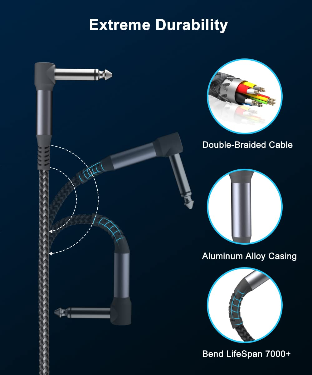 RUXELY Guitar Patch Cables 30CM 6-Pack,6.35Mm Effects Pedal Board Cord,Nylon Braided 1/4" Right-Angle Instrument Audio Cable,Pedalboard Connector TS Copper Wire for Amp/Amplifier,Mixer,Electric Bass image number 7