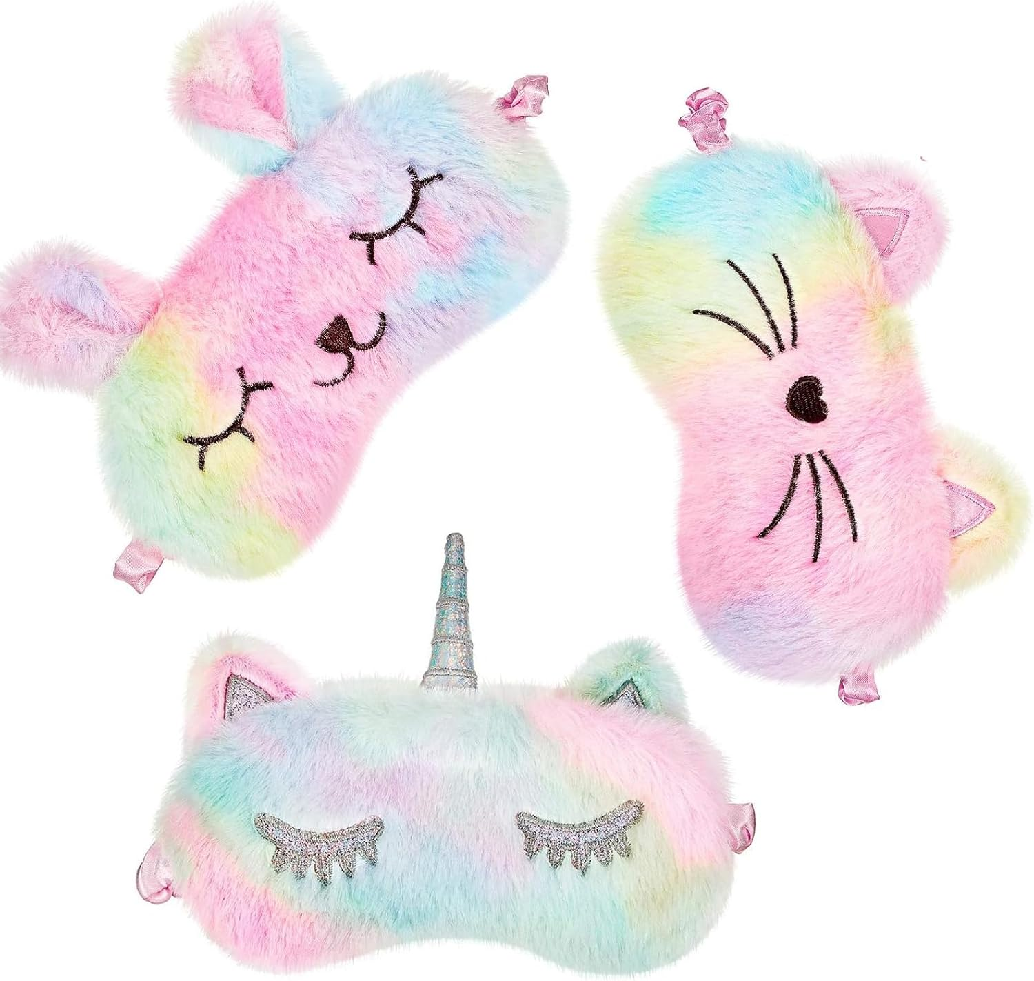 Travel Essentials，3 Pack Kids Sleep Mask Set - Soft Plush Animal Eye Covers for Girls (Bunny, Cat, Unicorn) | Comfortable Blindfold for Naptime & Travel（Rainbow Colors） image number 2