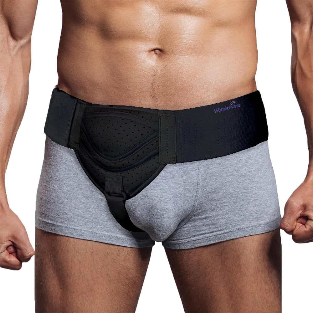 Wonder Care Hernia Belt for Men Inguinal Hernia Support Belt Pain Relief with Removable Compression Pads Groin Hernia Truss Flexible Adjustable Groin Straps Left or Right Inguinal Hernia Truss Brace-S/M