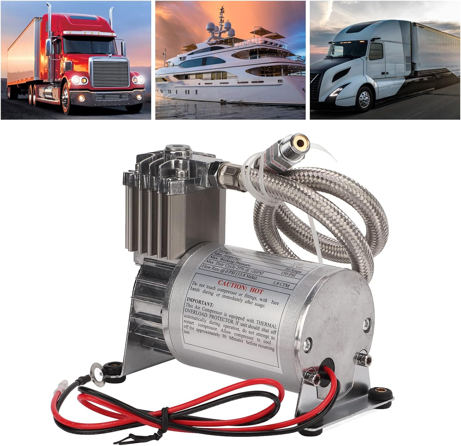 High Strength Air Compressor 20A 150 PSI Metal Universal for 12V Vehicles, Yacht Boats,Modification O and Video in Car image number 2