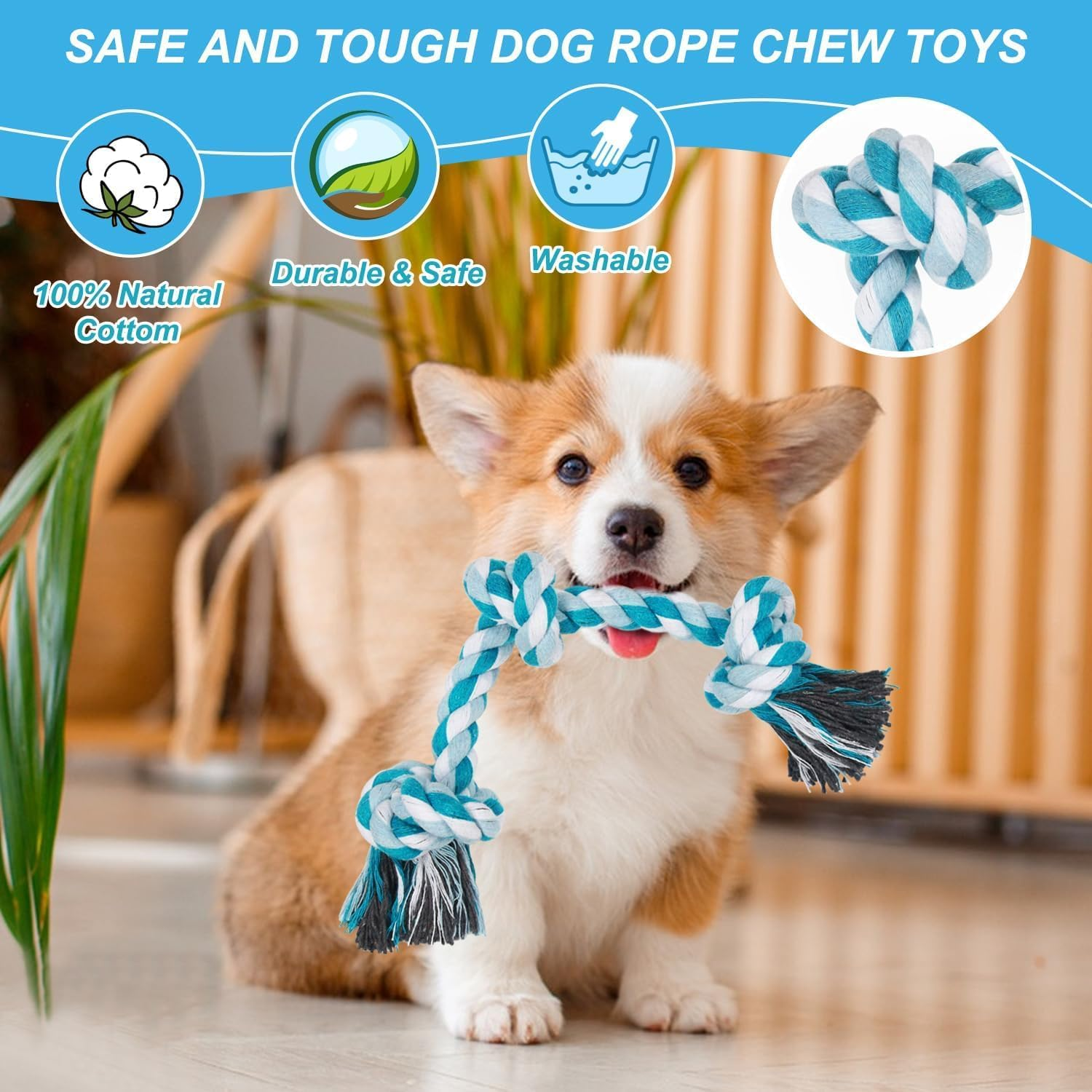 Dog Rope Toys, Durable Braided Cotton Pet Chew Rope Toys for Dog Cat Puppy Teeth Cleaning (Sky Blue, One Size) image number 3