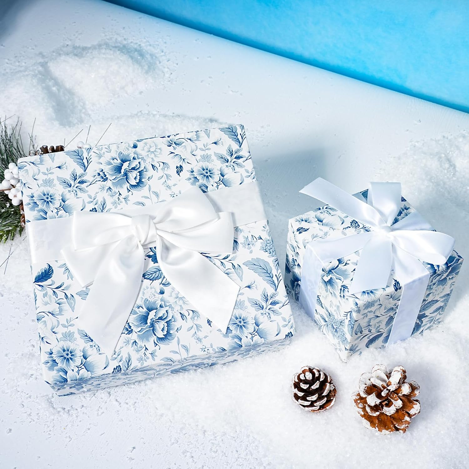 WRAPLA Floral Wrapping Paper Roll - 43Cmx10M Blue White Flowers Design Chinoiserie Gift Wrap Stone Paper for Wedding, Bridal Shower, Mothers Day(17In X 33Ft) - Pink Watercolor Rose image number 4