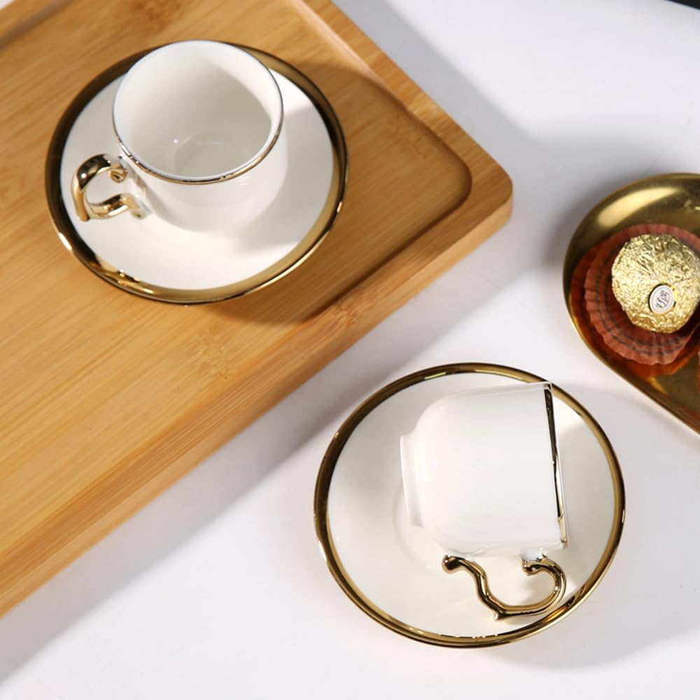 Frafuo 6Pcs Espresso Turkish Coffee Cups and Saucers Set - Elegant Ceramic Tea Cups with Modern Gold Trim, Dishwasher & Microwave Safe, 90Ml Capacity, Luxury Gift Box Packaging(White) image number 3