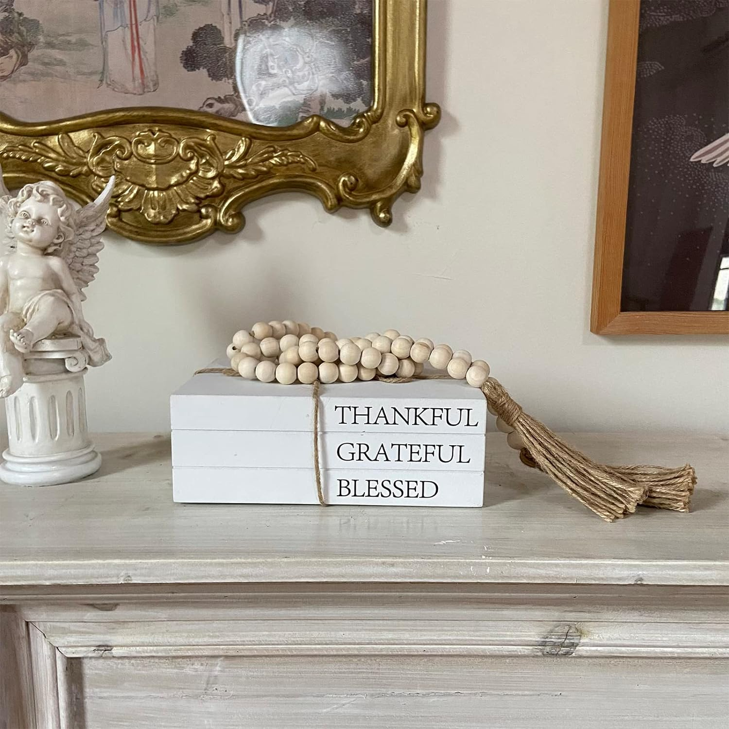 Decorative Books for Home Decor, White Faux Books for Decoration, Rustic Farmhouse Stacked Display Books (Thankful Grateful Blessed) image number 4