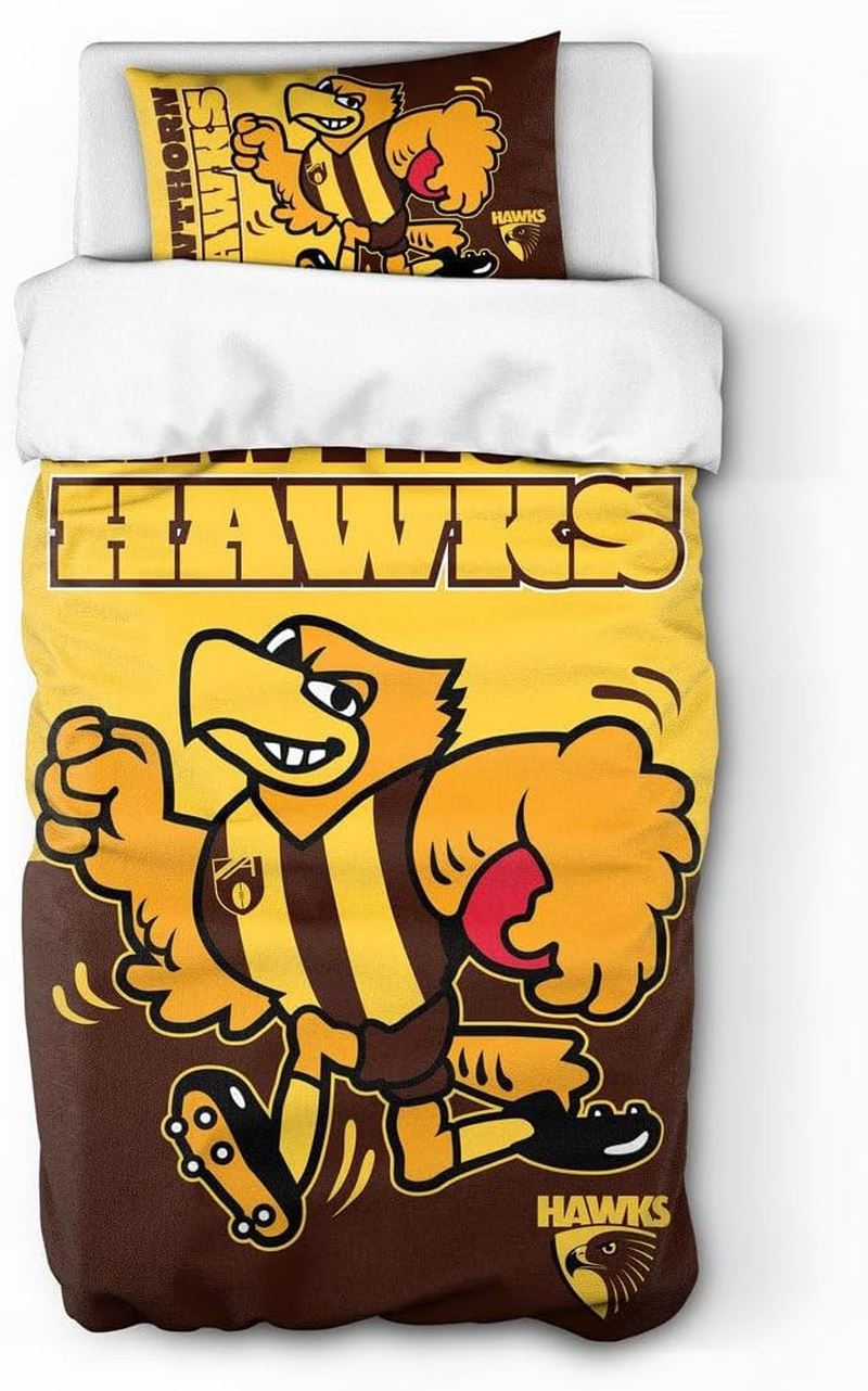 AFL Hawthorn Hawks Mascot Single Quilt Doona Duvet Cover Pillowcase Set