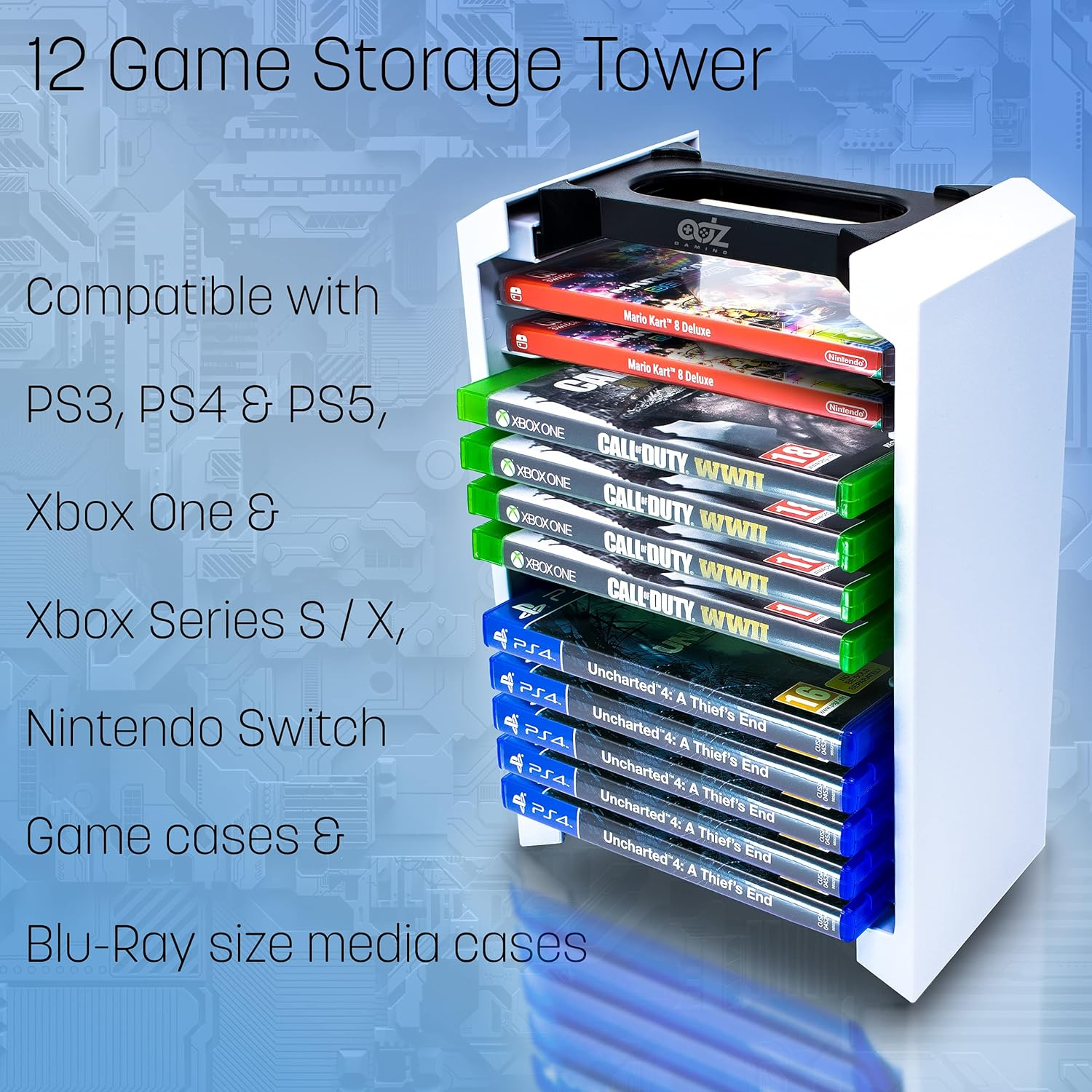 Game Storage Tower &ndash; Universal Video Game Storage &ndash; Stores 12 Game or Blu-Ray Disks &ndash; Game Holder Rack for PS4, PS5, Xbox One, Xbox Series X/S, Nintendo Switch Games and Blu-Ray Discs image number 2