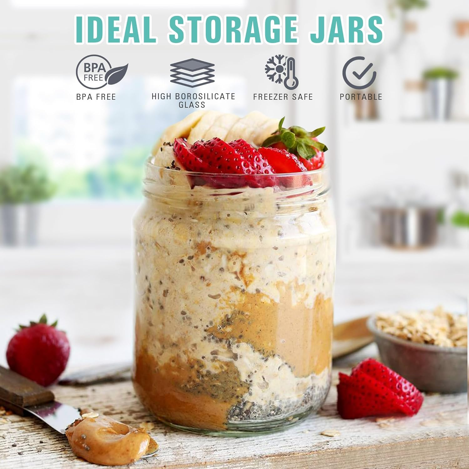 6 Pack Overnight Oats Jars with Airtight Lids, 16Oz(480Ml) Wide Mouth Mason Jars, Leak Proof Clear Glass with Lid, Glass Container Food Storage for Fruit Salad Cereal Snacks Spice image number 3