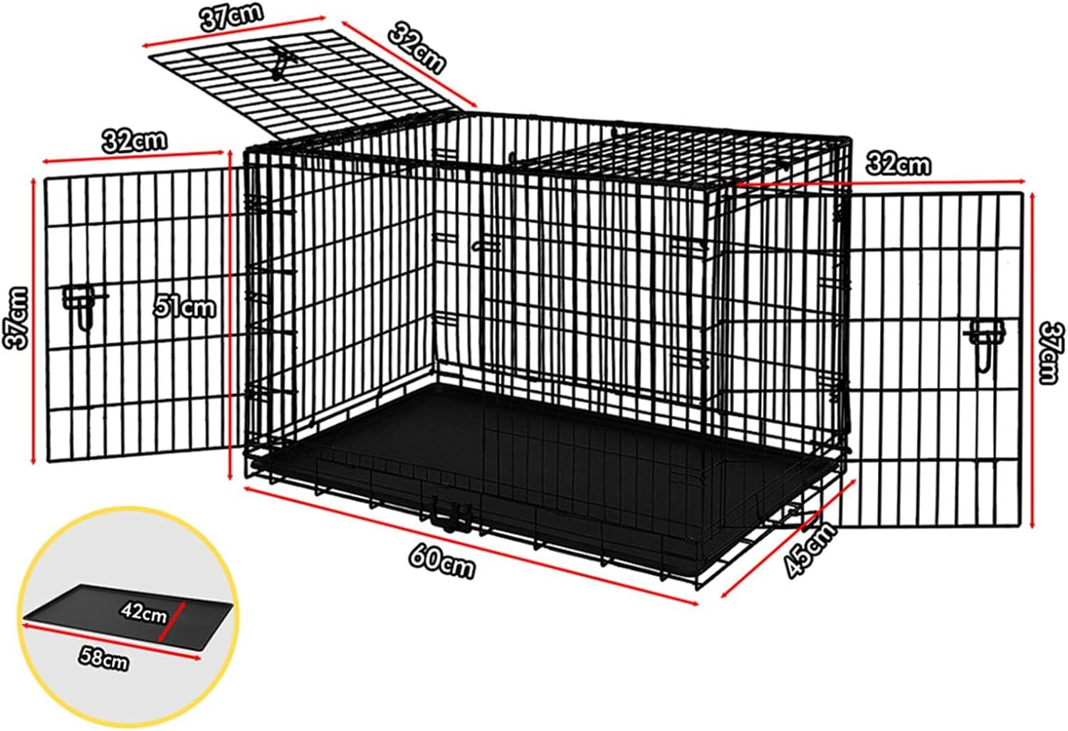 BEASTIE Portable Dog Crate Cage with Removable PP Tray, Foldable Animal Cage Kennel for Rabbit Chicken Cat Guinea Pig, Foldable Metal Wire Pet Cage with 3 Doors, 24 Inch,60 X 45 X 51 CM image number 3