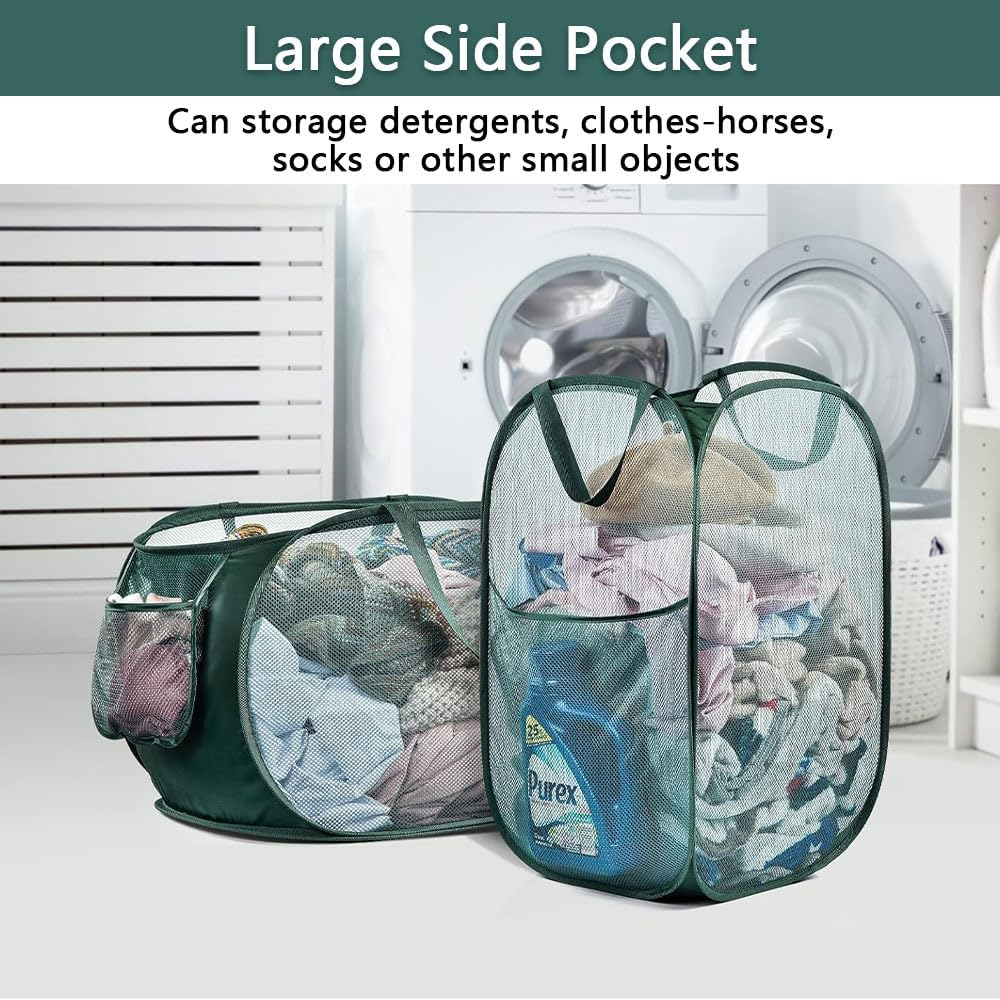2 Pack Foldable Pop up Mesh Laundry Hampers Large Green Laundry Baskets with Handles and Side Pocket for Clothes Toys and Home Storage image number 4