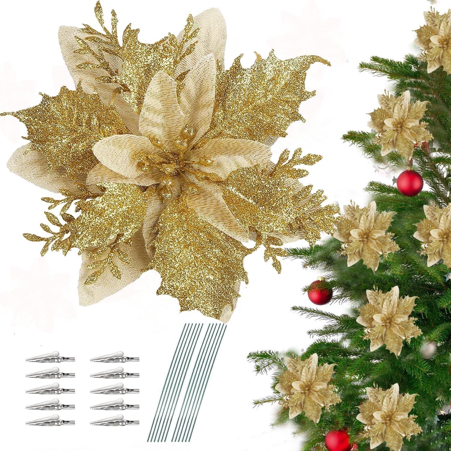 Christmas Tree Decorations,10Pcs 14Cm / 5.5In Gold Poinsettia Artificial Christmas Flowers with Clips and Stems Glitter Christmas Tree Ornaments for Xmas Wedding Party Wreath Decorate