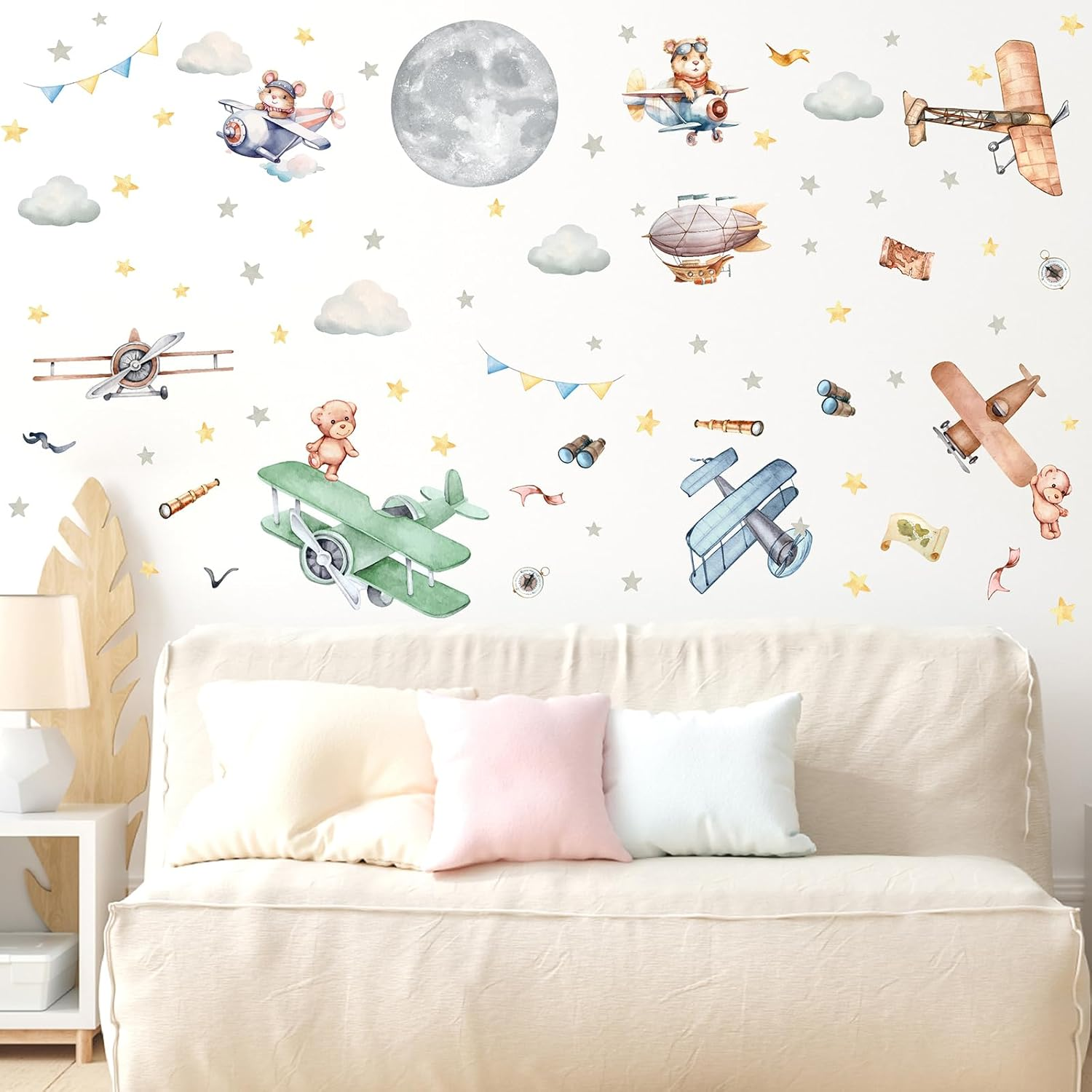 Vintage Airplane Wall Decals Cartoon Aircraft Balloon Animal Wall Stickers Moon Star Cloud Fabric Wall Stickers Cute Helicopter Watercolor Plane Wall Decals for Boys Room Kids Bedroom Nursery Decor image number 3