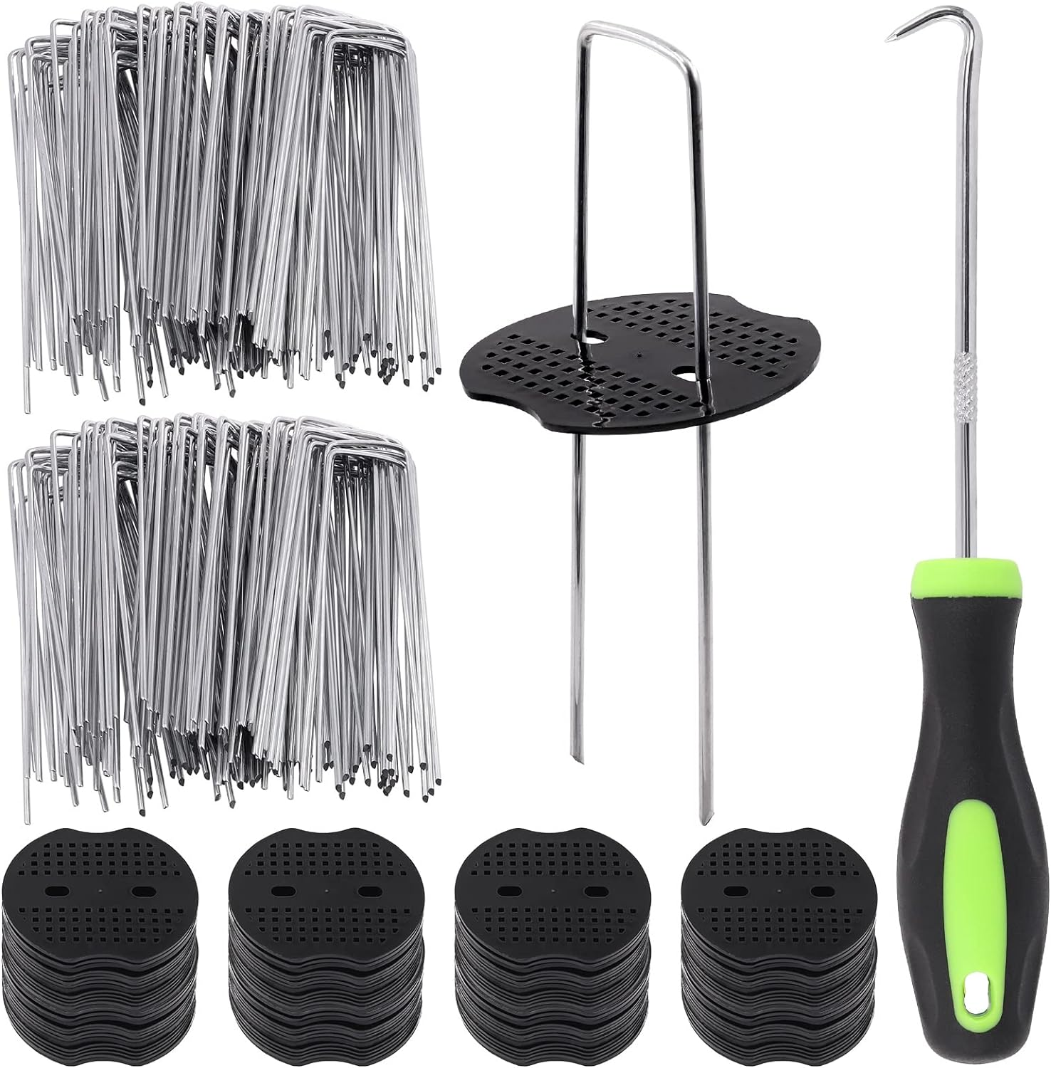 Glarks 201Pcs Garden Stakes Staples Kit, 100Pcs 6 Inch U-Shaped Landscape Staples, 100Pcs Fixing Gasket with 1Pc Pick Hook for Weed Barrier Fabric, Ground Cover, Holding Fence and Artificial Turf image number 5