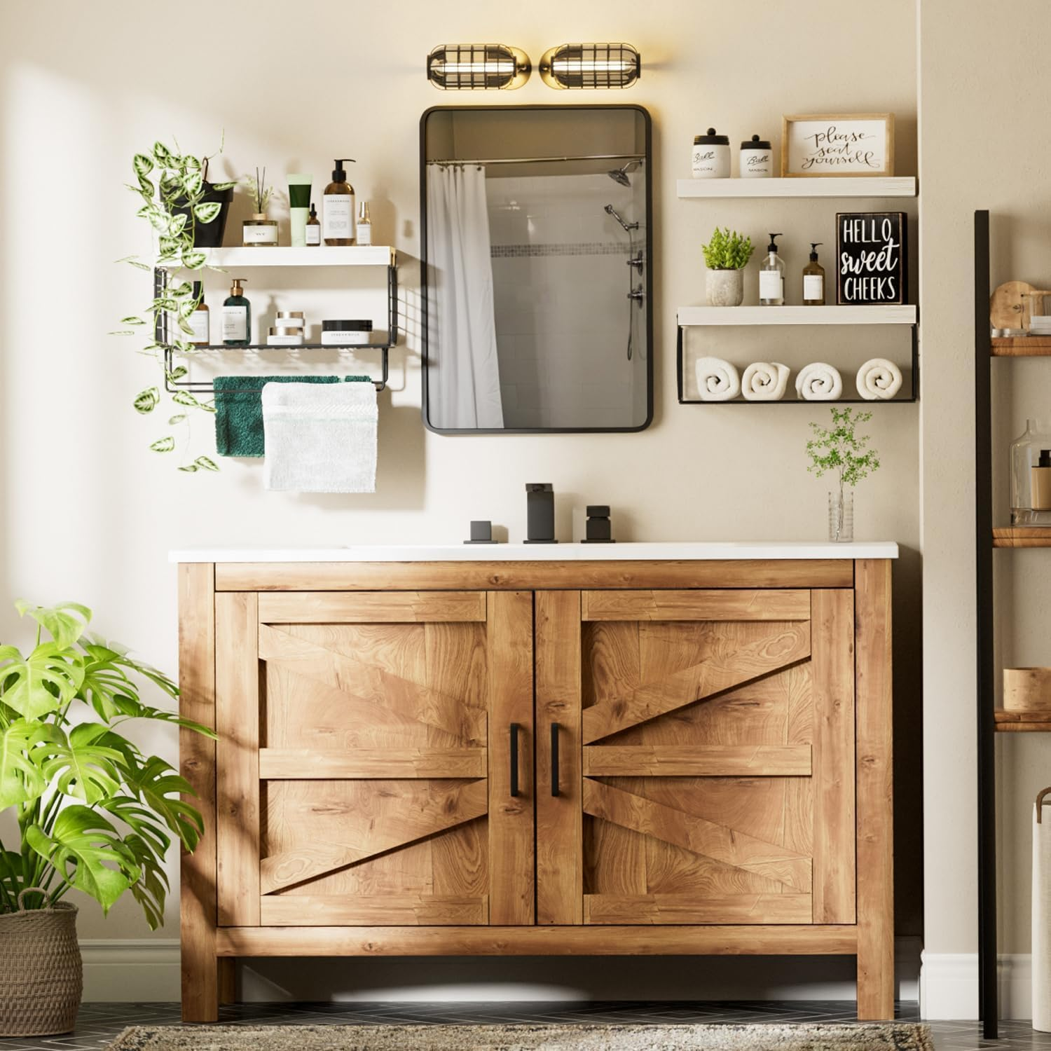 Floating Wall Shelves, Bathroom over Toilet, 40 Cm Set of 3, Wall Mounted Floating Shelves Toilet Paper Storage Small Farmhouse Decor(White 2 Baskets Storage) - Black image number 5