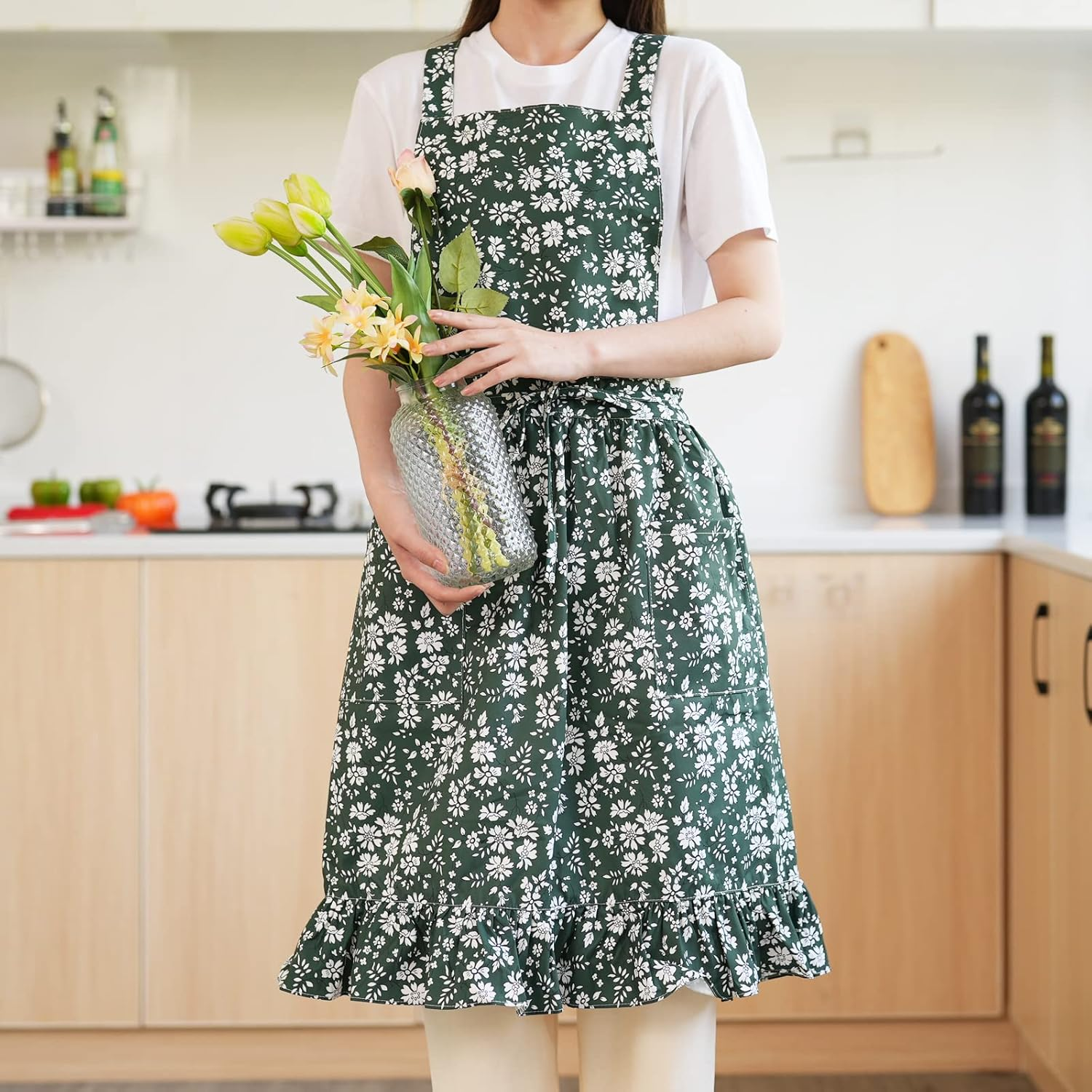 Vintage Pinafore Apron Dress for Women with Pockets Cute Floral Chef Aprons for Kitchen Cooking Baking Gardening image number 1