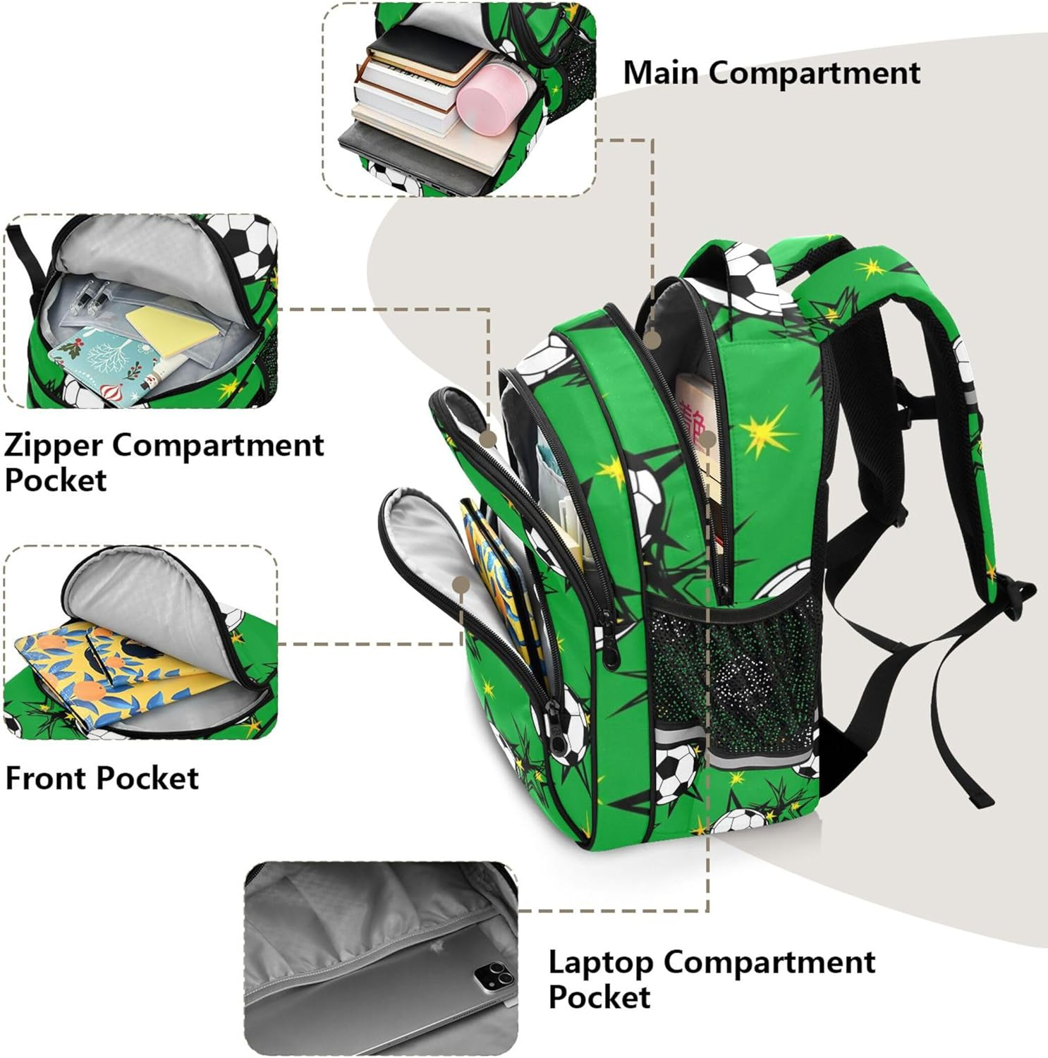 Backpack Kids Students School Bag Custom Bookbags Toddlers Preschool Backpacks Animal Black White Soccer Balls Green