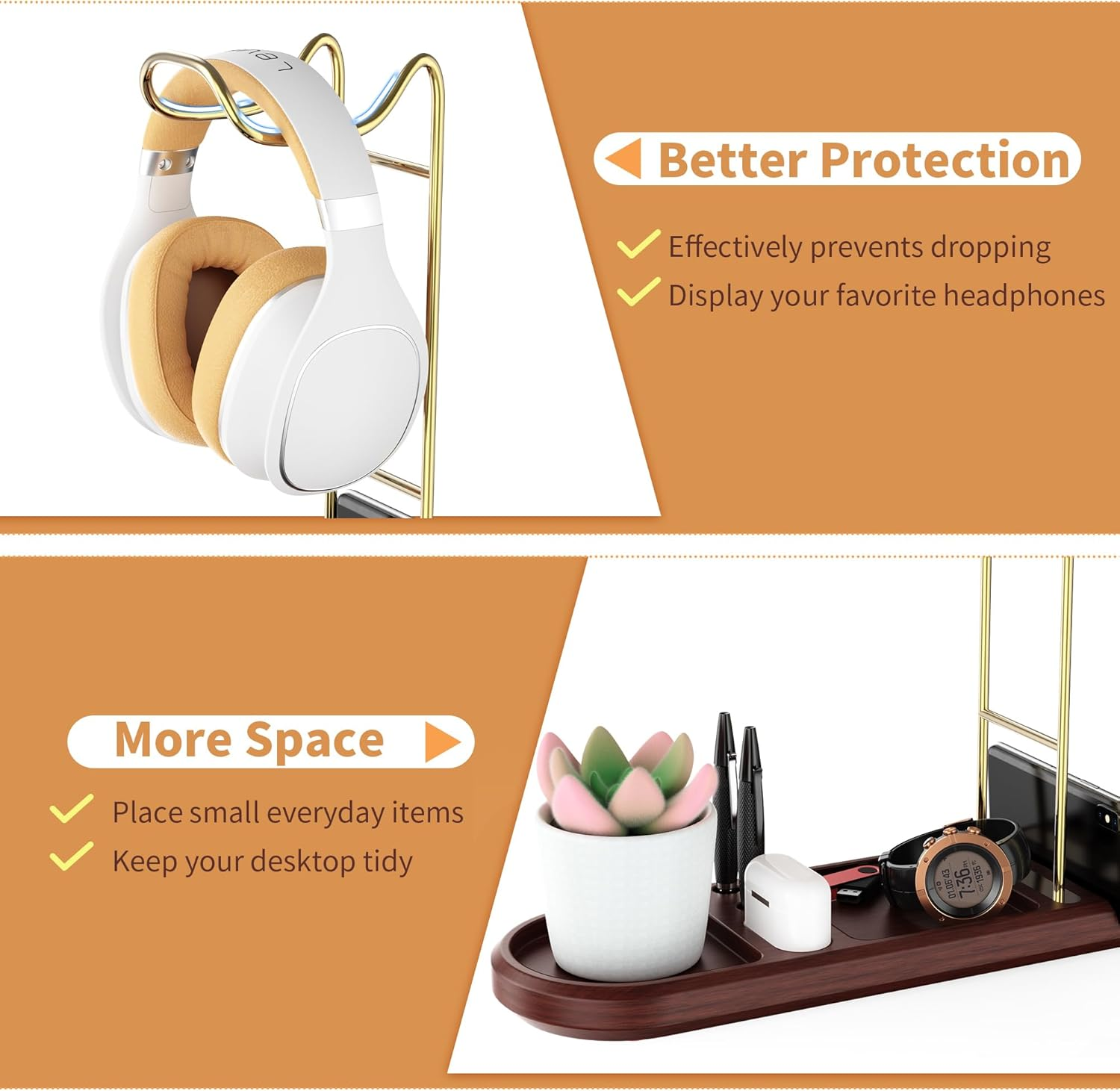ATSKIM Wooden Headphone Stand for Desk, Headset Holder with Storage Base, Game Controller and Headset Stand for Airpod Max and More, Desktop Headphone Hanger for Gaming, Office (Gold)