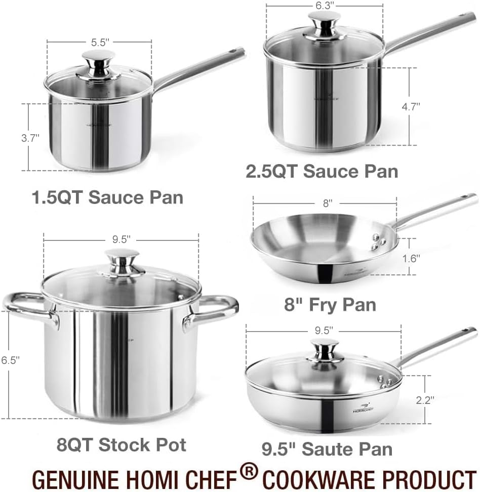 HOMI Chef 14-Piece Nickel Free Stainless Steel Cookware Set - Nickel Free Stainless Steel Pots and Pans Set - Stainless Steel Non-Toxic Cookware Set - Stainless Steel Healthy Induction Cookware Sets image number 2