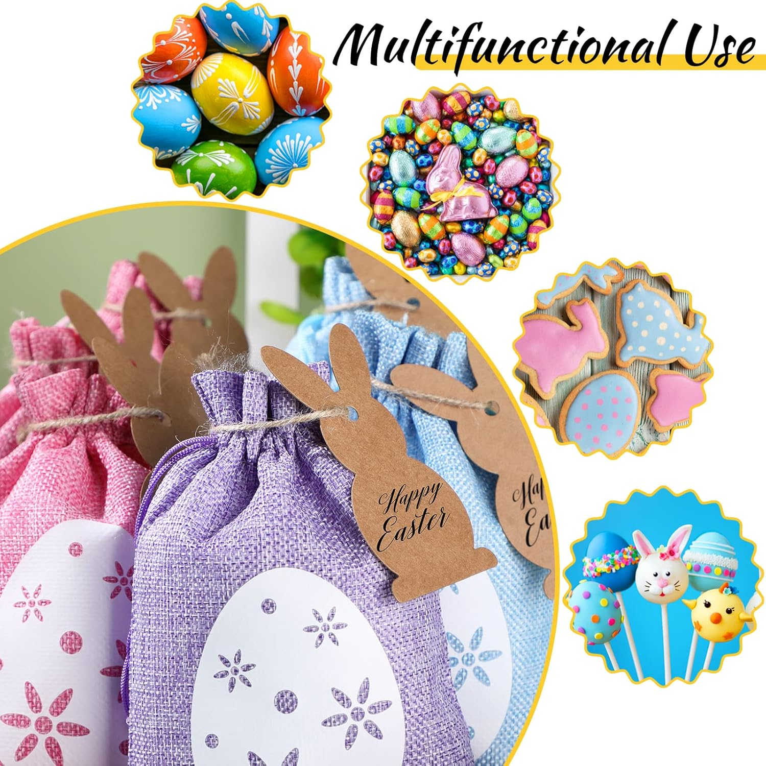 24 Pcs Easter Burlap Drawstring Bags Easter Burlap Bags with Drawstrings Bunny Linen Goody Gift Bags with Double Jute Drawstrings Easter Bags Burlap Easter Bunny Bags for Easter Party (Bright Style)