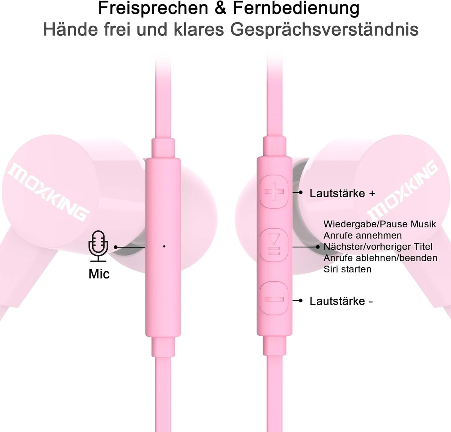 MOXKING In-Ear Headphones with Wired for Small Ears, Microphone & Volume Control, Flat Cable, Ideal for Women & Kids (Pink) image number 4