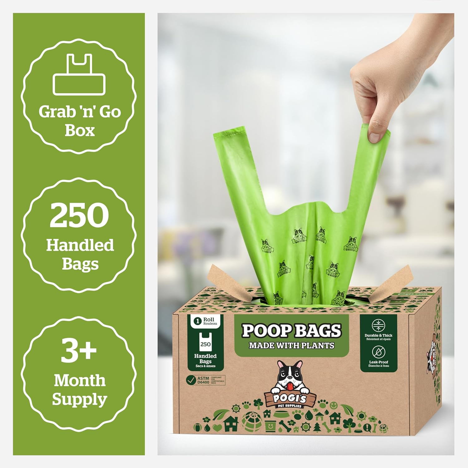 Pogi'S Compostable Poop Bags - 250 Dog Poop Bags with Easy-Tie Handles - Leak-Proof, Plant-Based, ASTM D6400 Certified Home Compostable Waste Bags for Dogs (250 Bags with Handles)