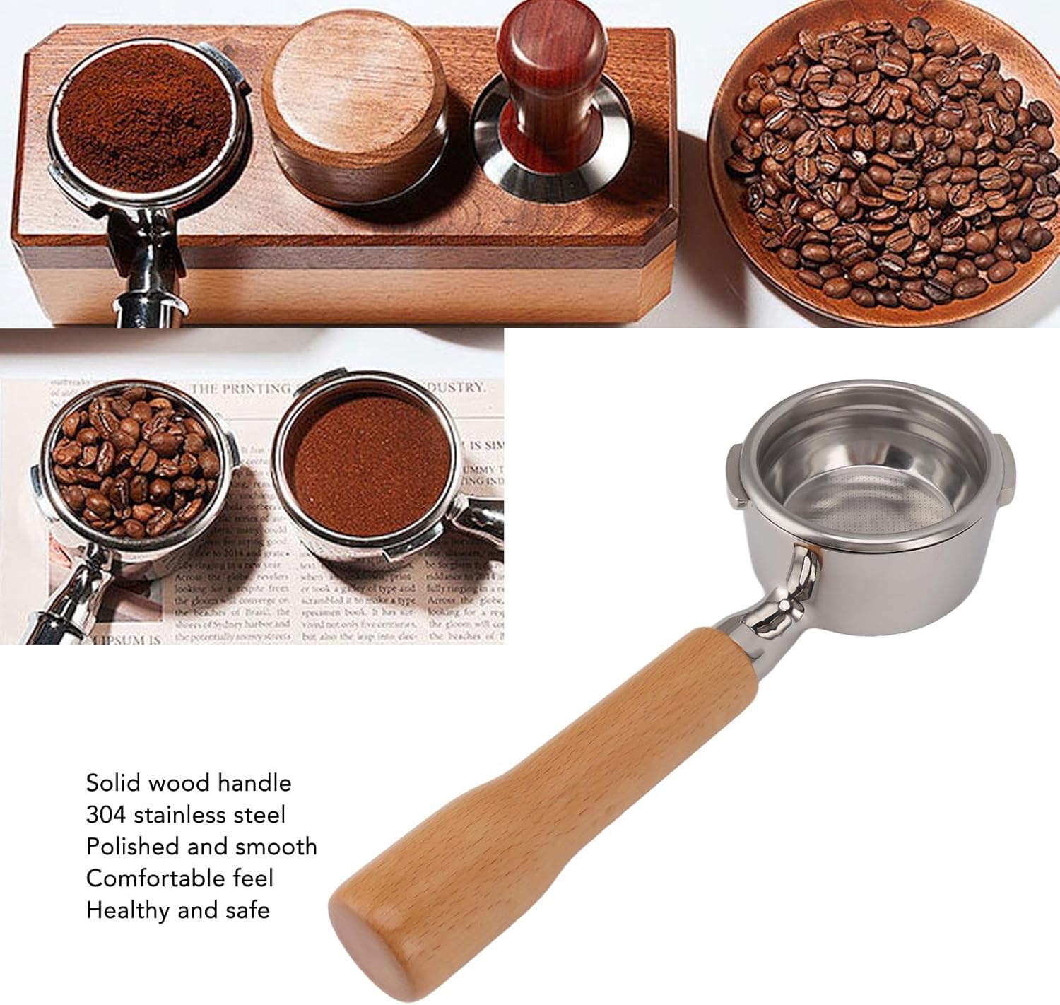 58Mm Bottomless Portafilter, Stainless Steel Naked Portafilter with 2 Ears & Wood Handle Coffee Portafilter for GAGGIA for Baby, for Classic, for Espresso Deluxe, for Evolution - Style 2 image number 2