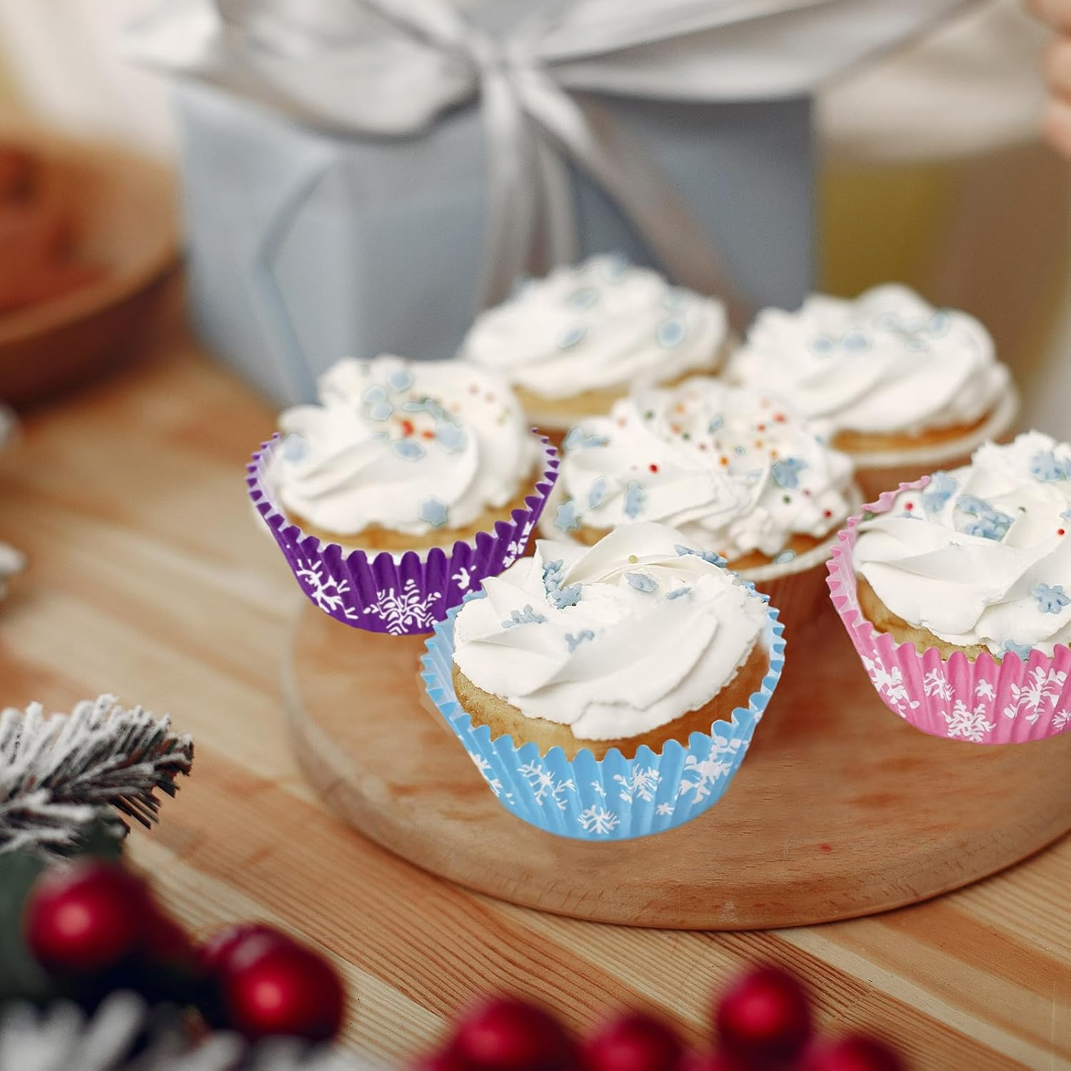 Whaline 600Pcs Winter Cupcake Wrappers Snowflake Cupcake Liners Pink Blue Purple Baking Liners Disposable Christmas Paper Muffin Cups for Home Kitchen Party Supplies, 2 X 1.2 In image number 3