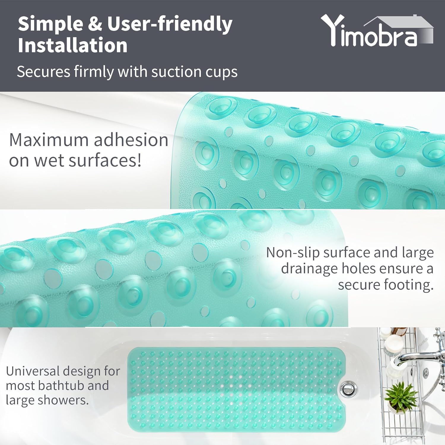 Yimobra Non Slip Bathtub Mat 40 X 16 Inch, Extra Long Shower Mat with Drain Holes, Machine Washable Baby Bath Mats, Strong Suction Cups for Bathroom Floor, Clear Green - 1, Beige image number 3