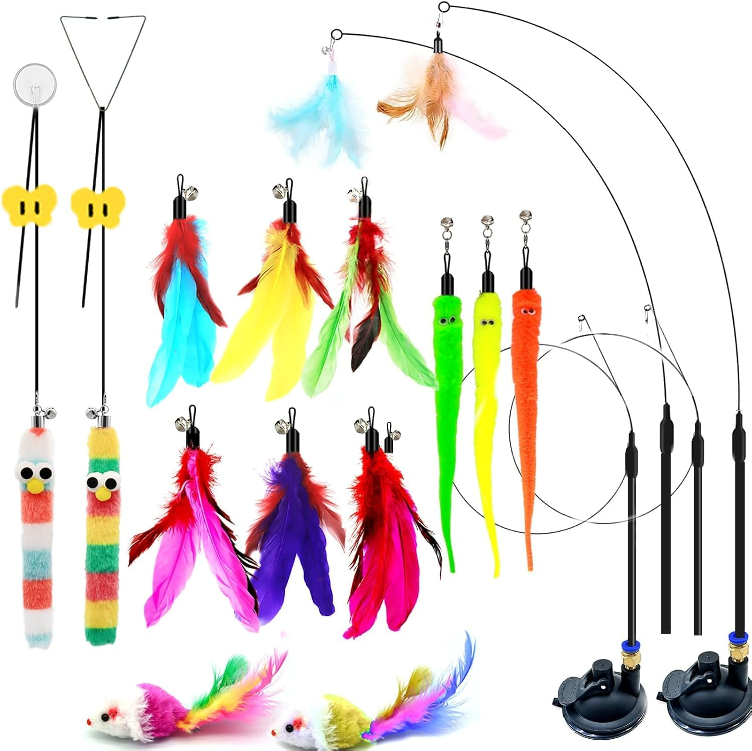 4-In-1 Interactive Cat Toys Set - Feather, String, Stick & Cat Wand Toys with 15 Replaceable Attachments for Indoor Kitten (Includes Super Suction Cup & Hanging Door Toy) image number 2