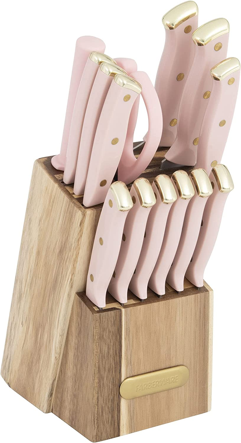 Farberware 15-Piece Triple Riveted Acacia Knife Block Set, High Carbon-Stainless Steel Kitchen Knives with Ergonomic Handles, Razor-Sharp Knife Set, Pink and Gold image number 5