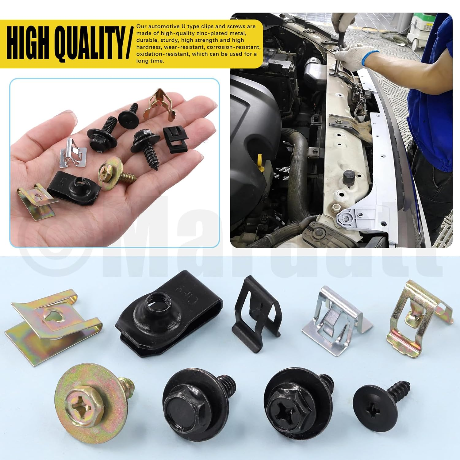 Mardatt 72Pcs Engine under Cover Body Bolts Screws, Metal Trim Panel Spring Clips and U-Clip Kit, Auto Car Splash Shield Guard Body Bolts Fastener with Screws U-Nuts Trim Moulding Clip for Cars image number 1