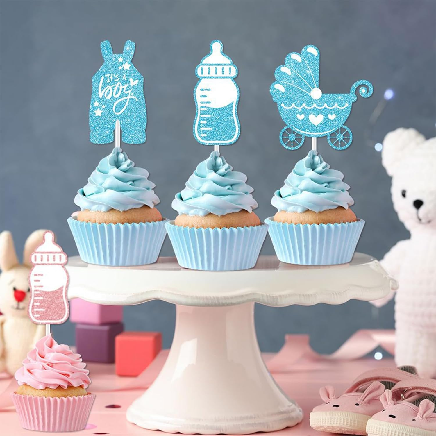 24 Pcs Baby Gender Reveal Cupcake Topper Set; Boy or Girl Themed Party Cake Decorating Props; for Baby Shower Gender Reveal Party Creative Decorations
