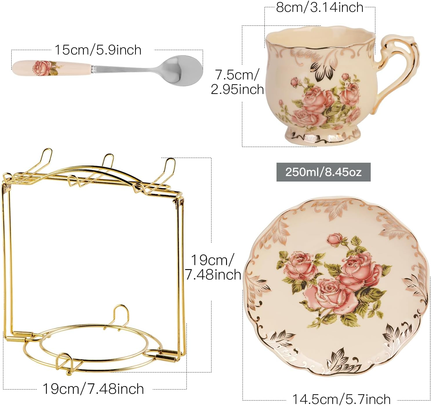 YOLIFE Red Rose Pattern Ivory Ceramic Cups and Saucers Set,Fancy Coffee Cups Set of 6 with Golden Metal Rack image number 2