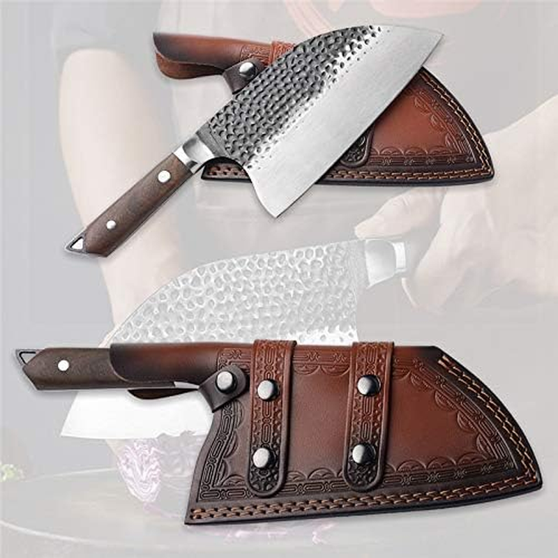 [Full Tang]Butcher Knife Handmade Forged Kitchen Chef Knife Grandsharp Pro Razor Sharp Serbian Clad Steel Meat Vegetable Chopping Cutting Cleaver with Leather Knife Sheath image number 2