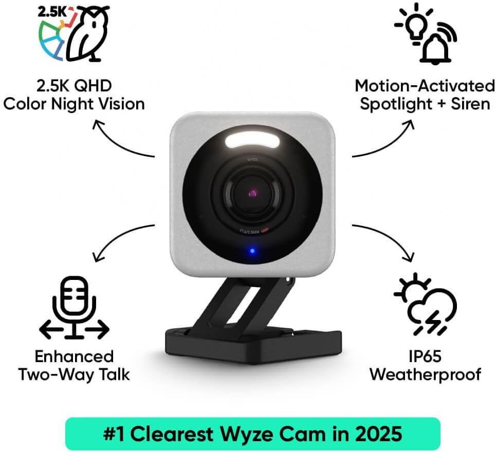 Wyze Cam V4, 2K HD Wi-Fi Smart Home Security Camera, Indoor/Outdoor Use, Pet/Baby Monitor, Motion Activated Spotlight/Siren, Enhanced Color Night Vision, 2-Way Audio, Local/Cloud Storage, Wired, Grey image number 1