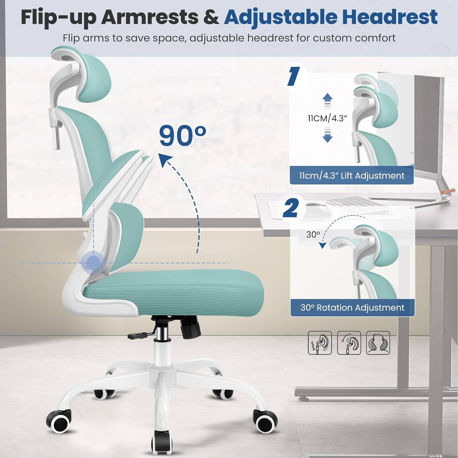 Razzor Ergonomic Office Chair, High Back Mesh Desk Chair with Lumbar Support and Adjustable Headrest, Computer Gaming Chair, Executive Swivel Chair for Home Office, Rz2202H-Mint Green image number 4